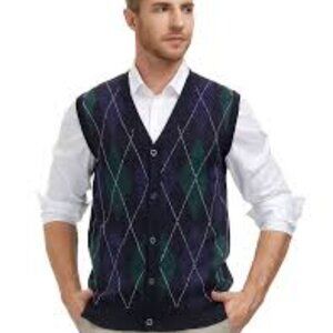 Paul James Button Down Men's M Argyle Cardigan Sweater Vest - Navy and Green